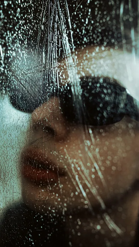 Moody portrait of a man with glasses viewed through rain-speckled glass.