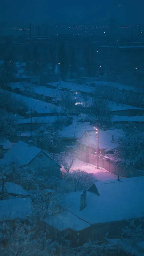 Capture a serene winter night scene in a suburban area covered in snow, illuminated by soft pink streetlights.